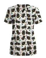 Merry Catmas Christmas Lights Black Cat Scrub Top - Scrubloop