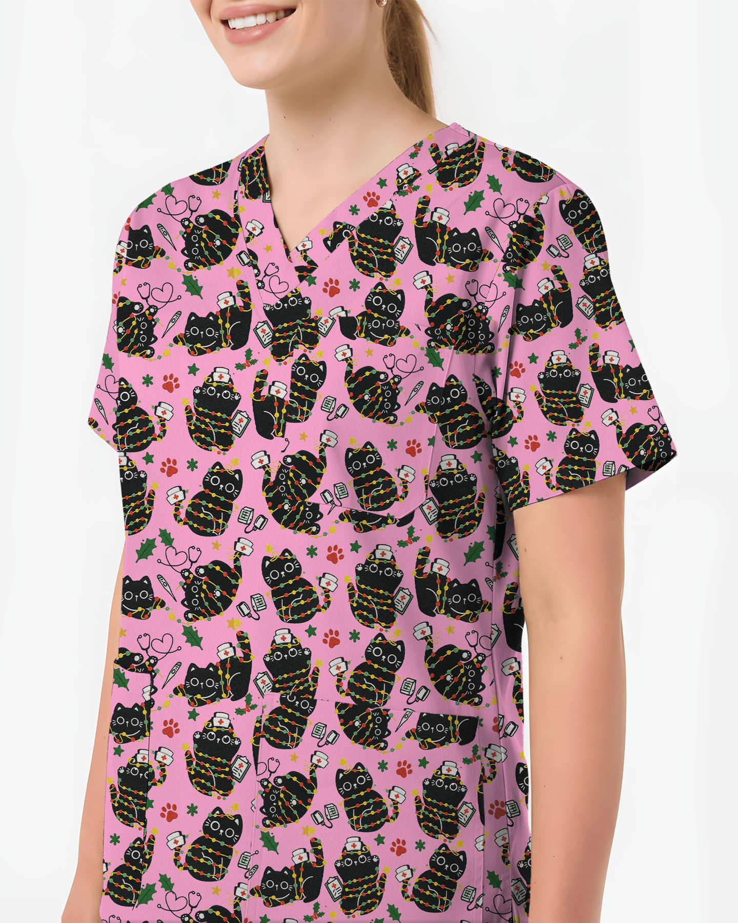 Merry Catmas Christmas Lights Black Cat Scrub Top - Scrubloop