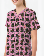 Merry Catmas Christmas Lights Black Cat Scrub Top - Scrubloop