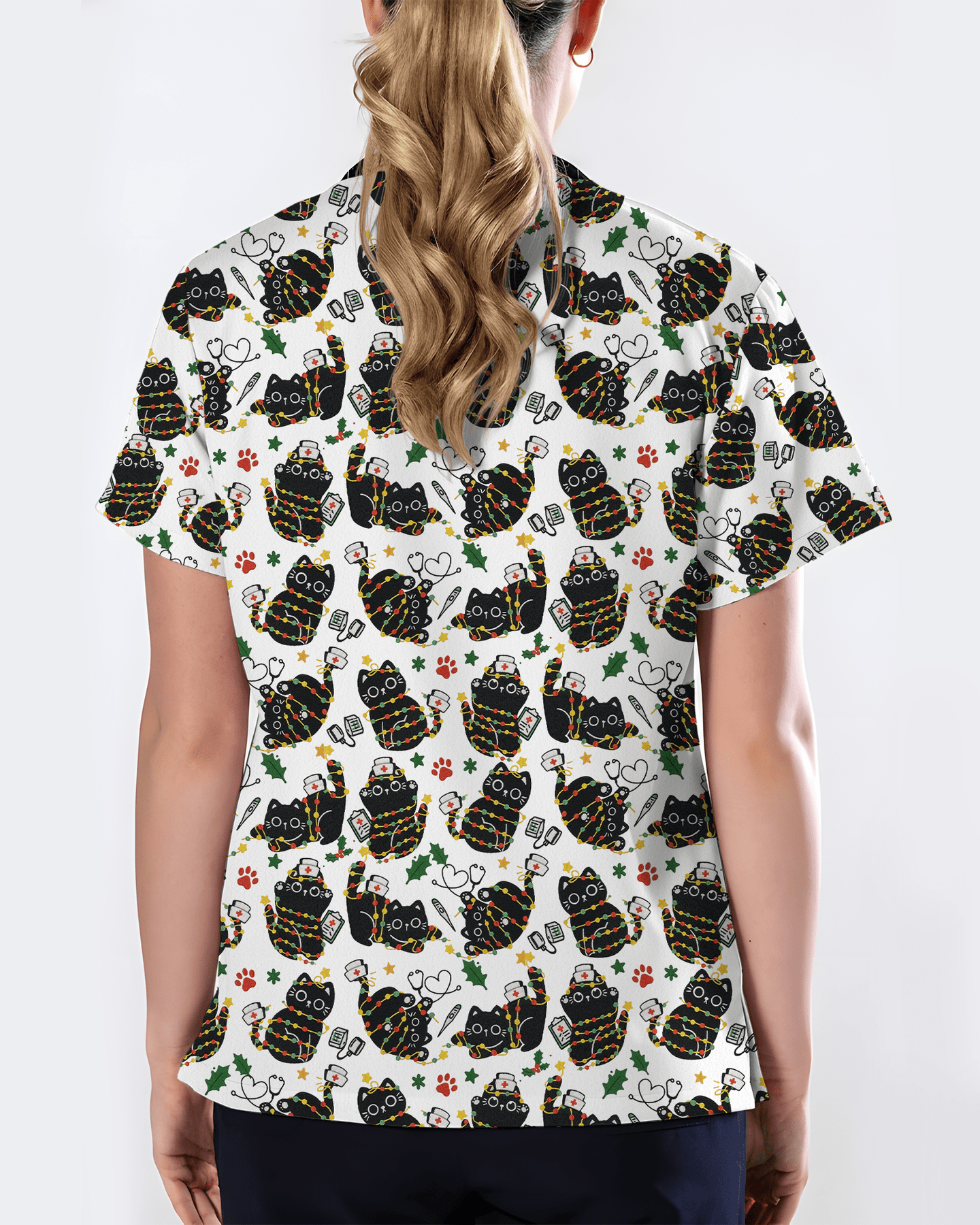 Merry Catmas Christmas Lights Black Cat Scrub Top - Scrubloop