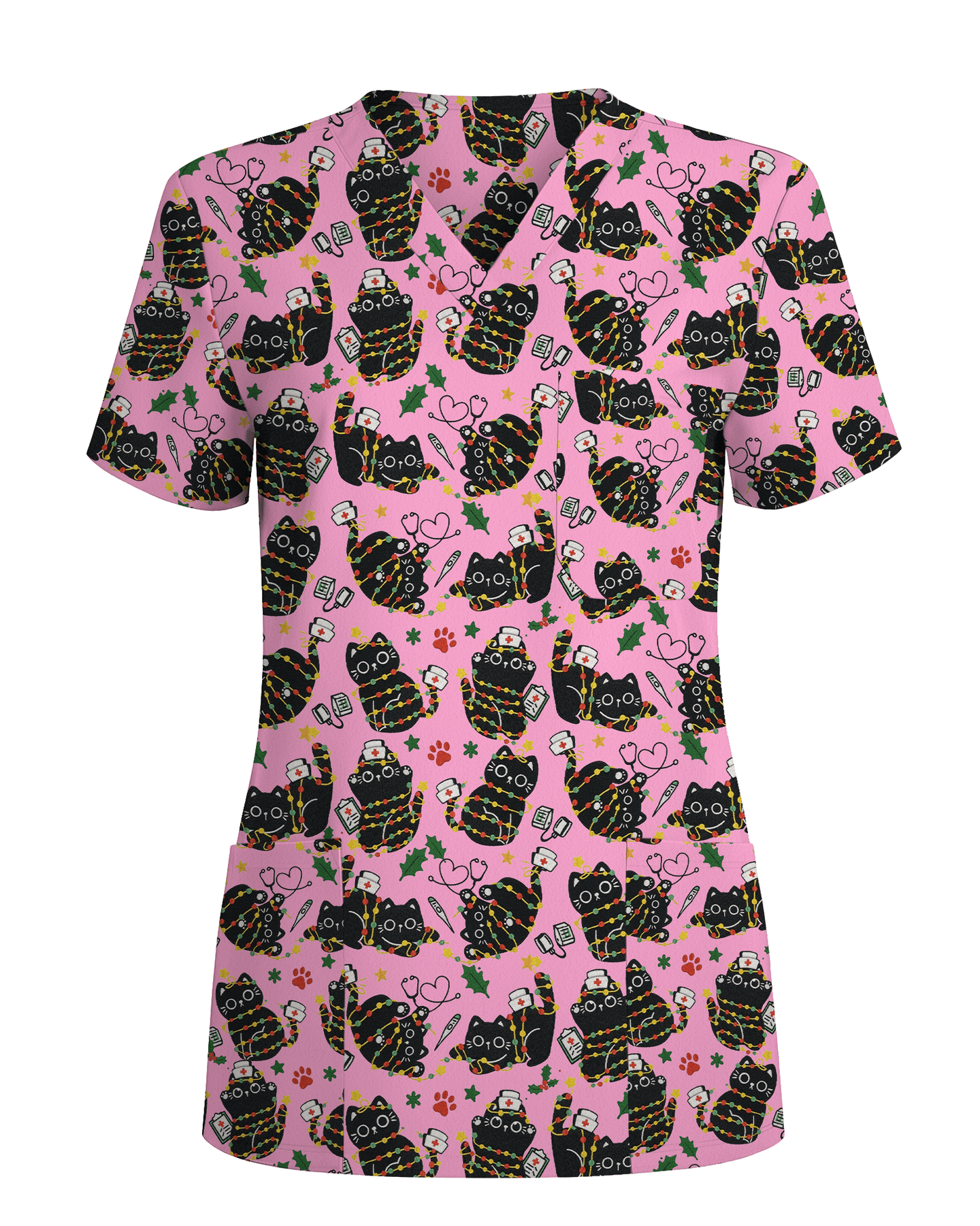 Merry Catmas Christmas Lights Black Cat Scrub Top - Scrubloop