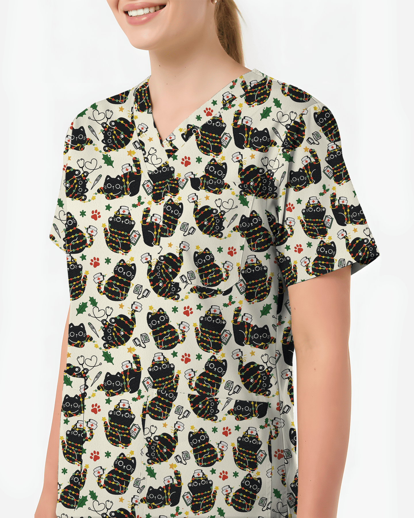 Merry Catmas Christmas Lights Black Cat Scrub Top - Scrubloop