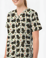 Merry Catmas Christmas Lights Black Cat Scrub Top - Scrubloop