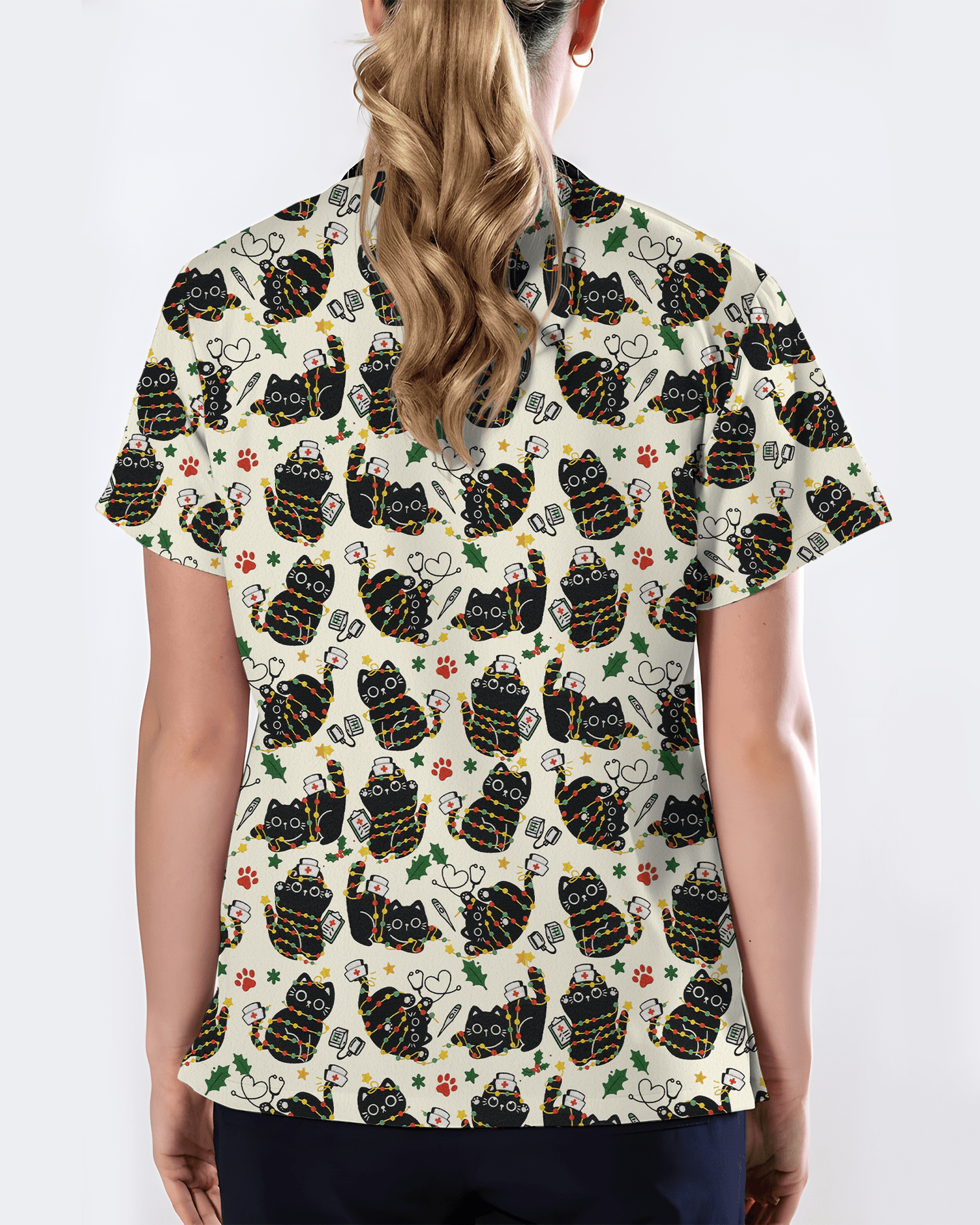 Merry Catmas Christmas Lights Black Cat Scrub Top - Scrubloop