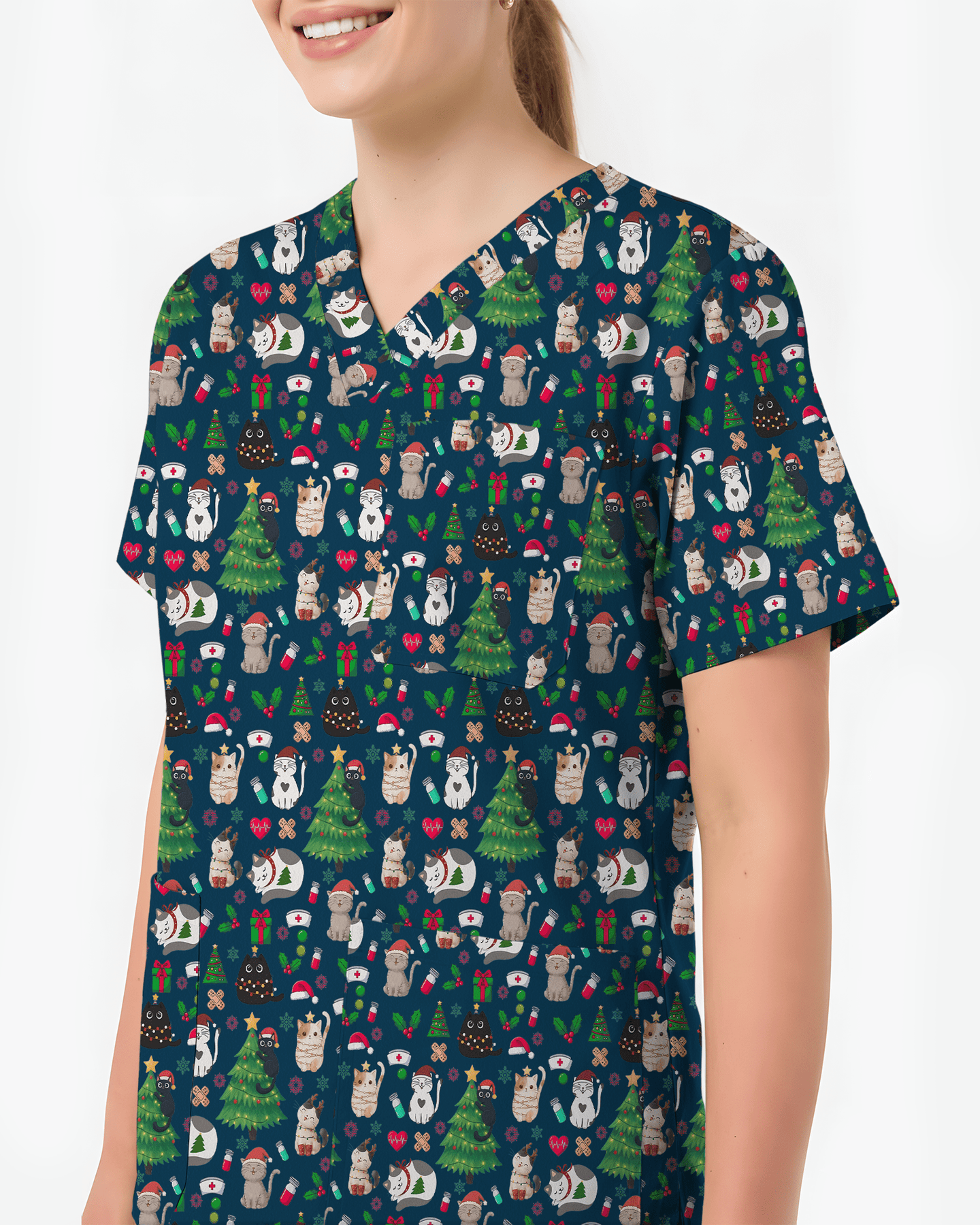 Merry Xmas Cat Nurse Festive Scrub Top - Scrubloop