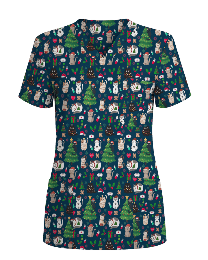Merry Xmas Cat Nurse Festive Scrub Top