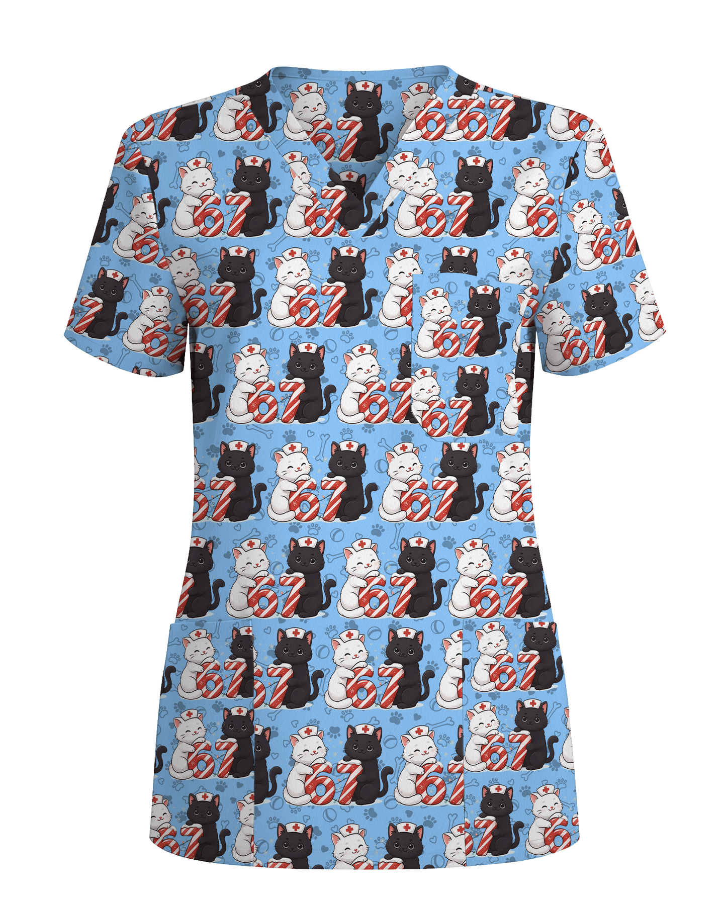 Merry Xmas Nurse Six Seven Cat Scrub Top - Scrubloop