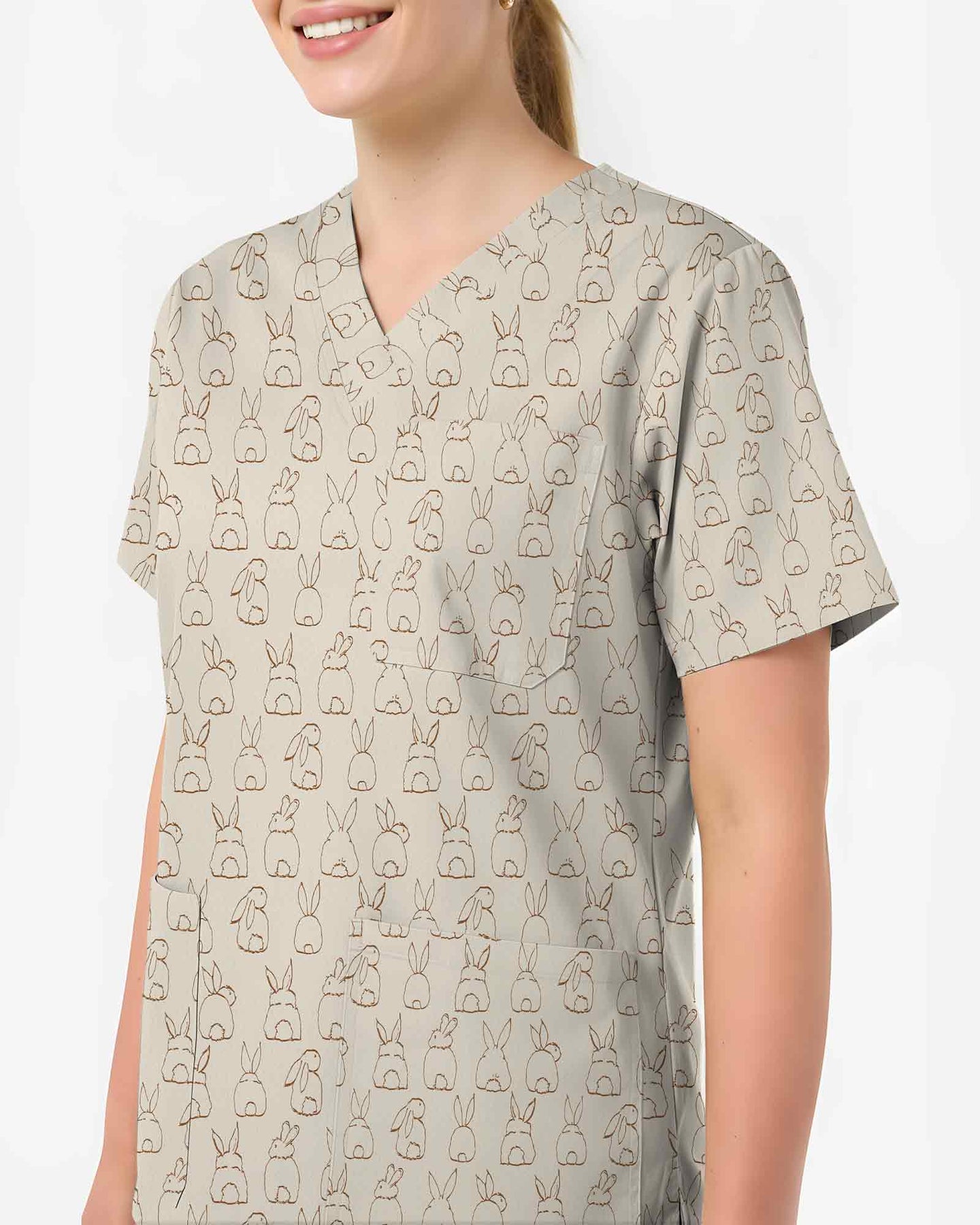 Minimalist Sketch Bunny Rabbit Medical Scrub Top - Scrubloop