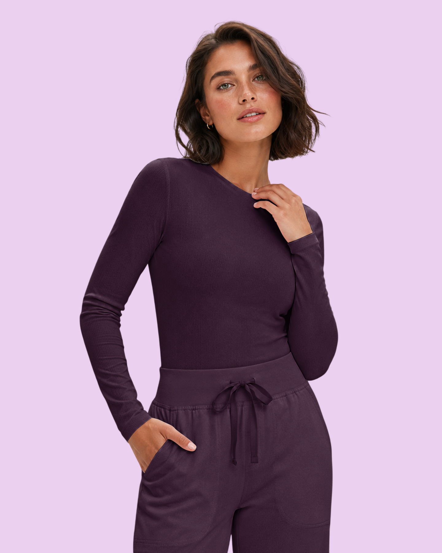 Women's Ribbed Long-Sleeve Underscrub Deep Eggplant
