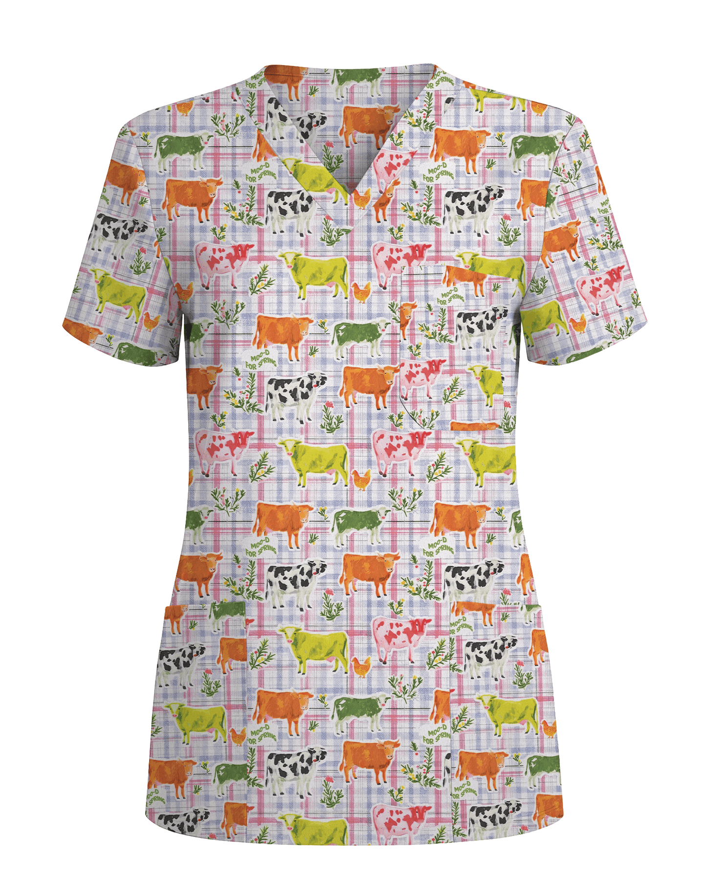 Moo-d For Spring Colorful Cow Nurse Scrub Top - Scrubloop