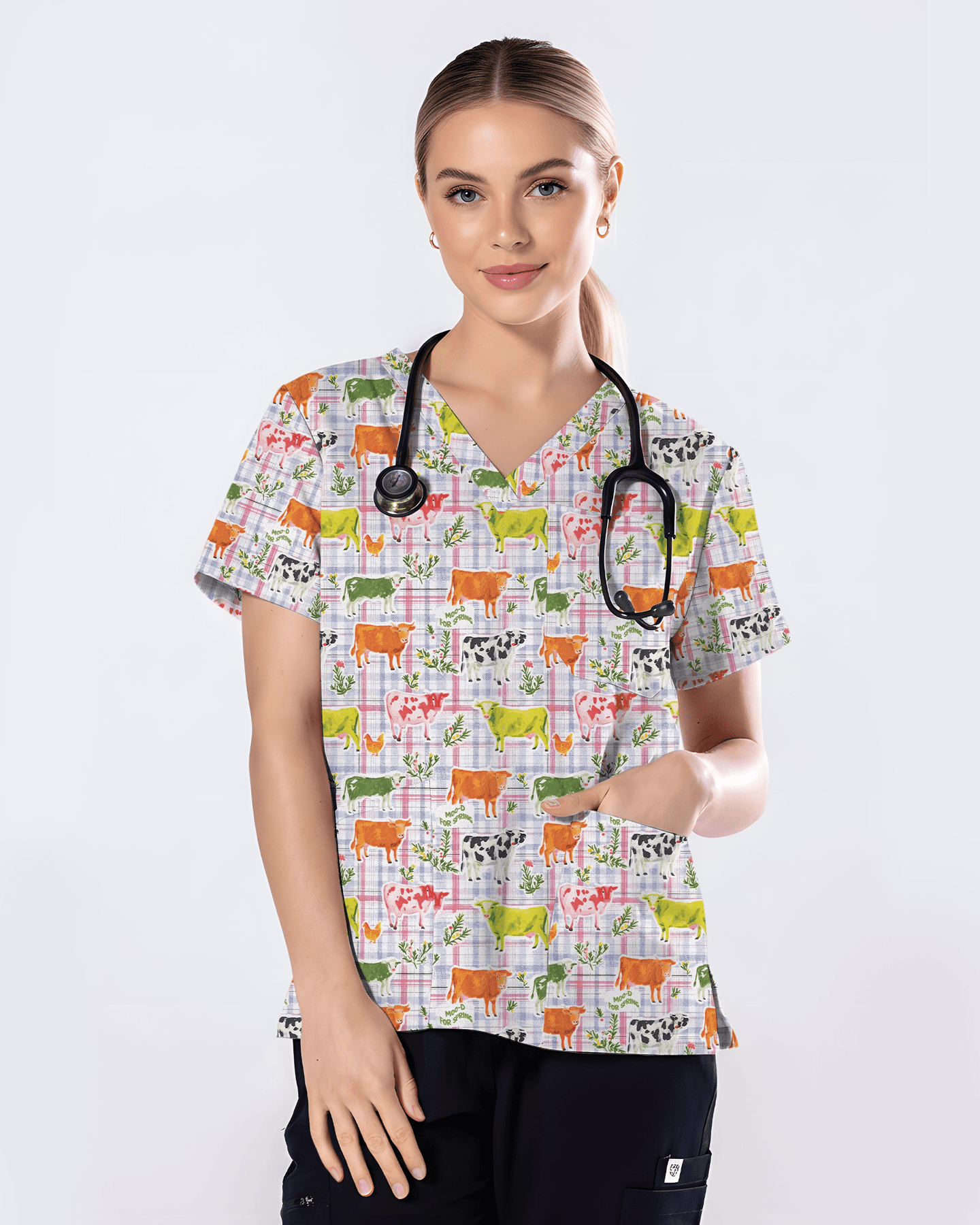 Moo-d For Spring Colorful Cow Nurse Scrub Top - Scrubloop