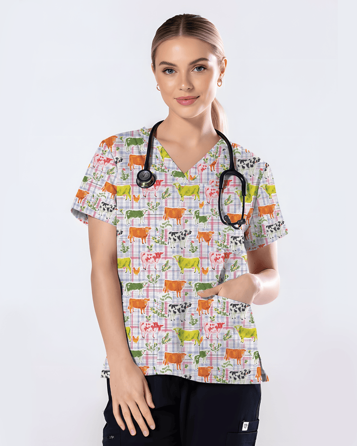 Moo-d For Spring Colorful Cow Nurse Scrub Top