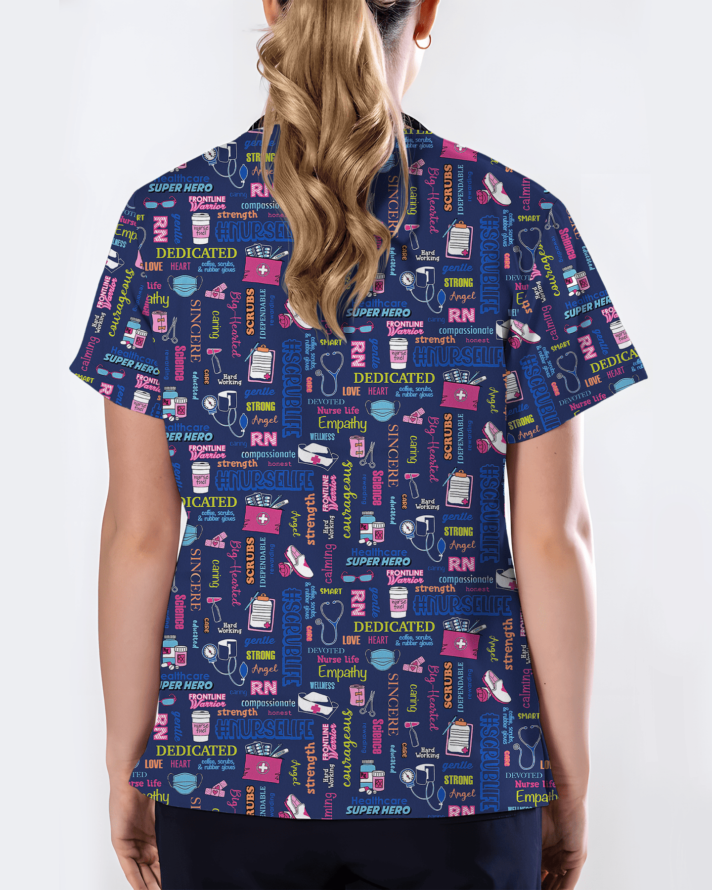 Navy Nurse Life Typography Doodle Cute Nurse Scrub Top - Scrubloop