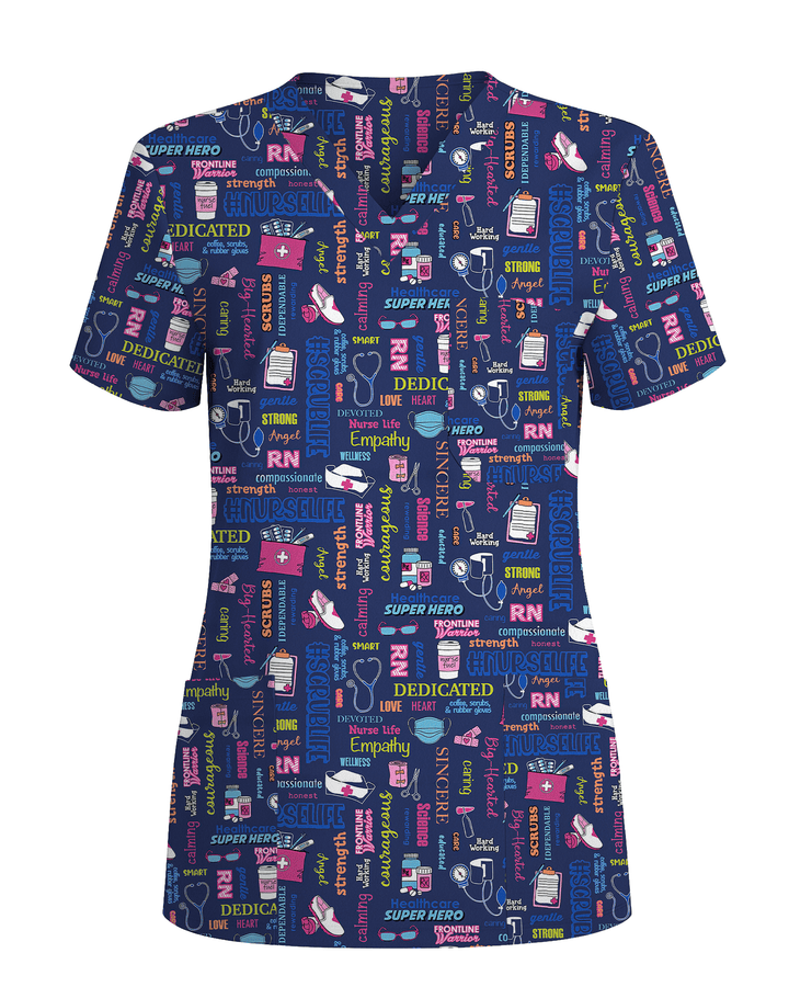 Navy Nurse Life Typography Doodle Cute Nurse Scrub Top
