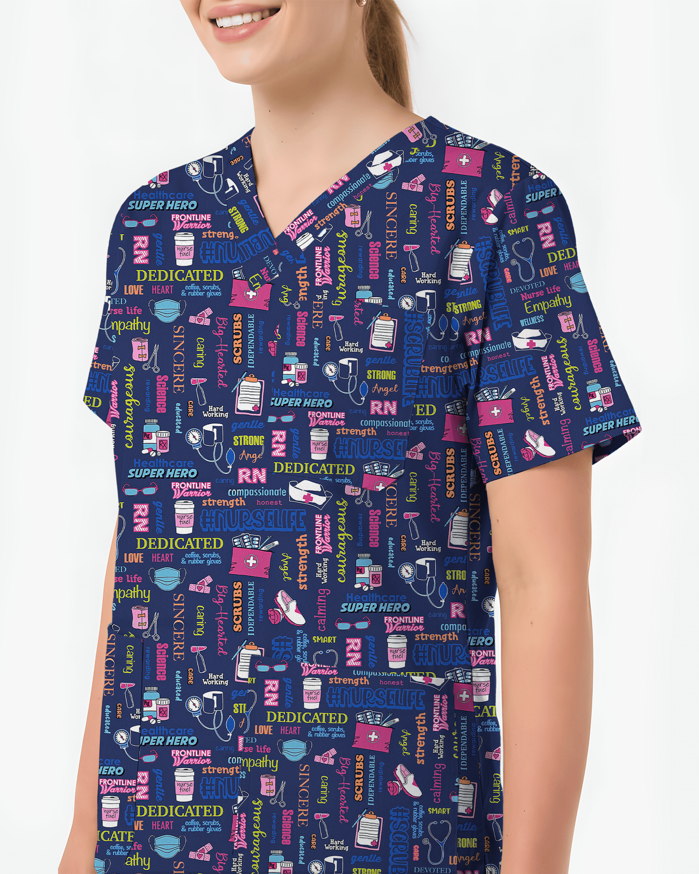Navy Nurse Life Typography Doodle Cute Nurse Scrub Top - Scrubloop