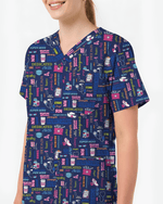 Navy Nurse Life Typography Doodle Cute Nurse Scrub Top - Scrubloop