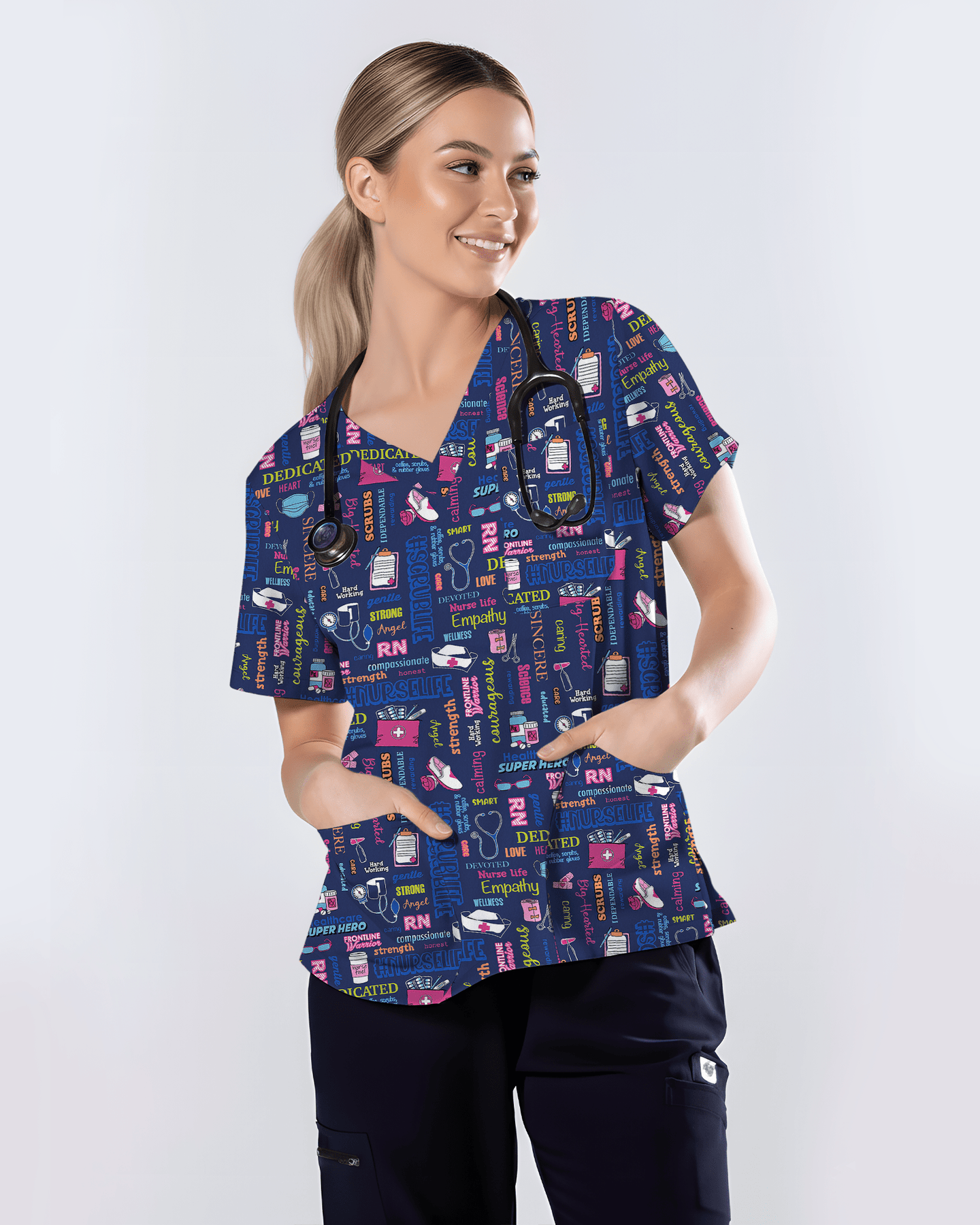 Navy Nurse Life Typography Doodle Cute Nurse Scrub Top - Scrubloop