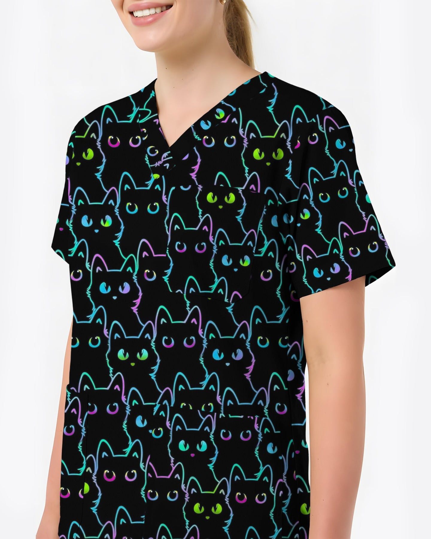 Neon Black Cat Allover Pattern Illustration Women Scrub Top - Scrubloop