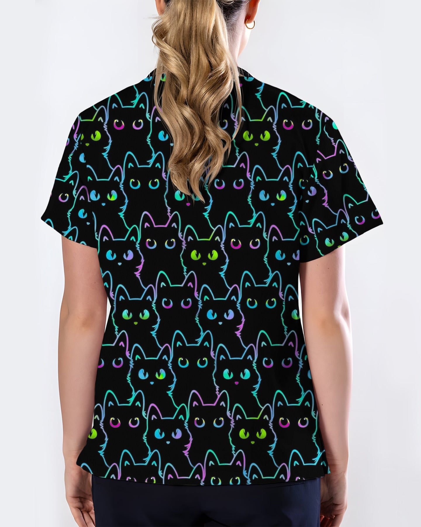 Neon Black Cat Allover Pattern Illustration Women Scrub Top - Scrubloop