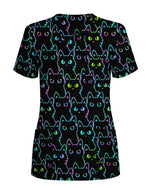 Neon Black Cat Allover Pattern Illustration Women Scrub Top - Scrubloop