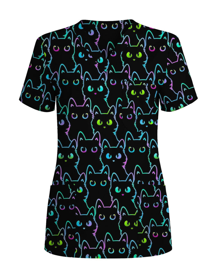 Neon Black Cat Allover Pattern Illustration Women Scrub Top