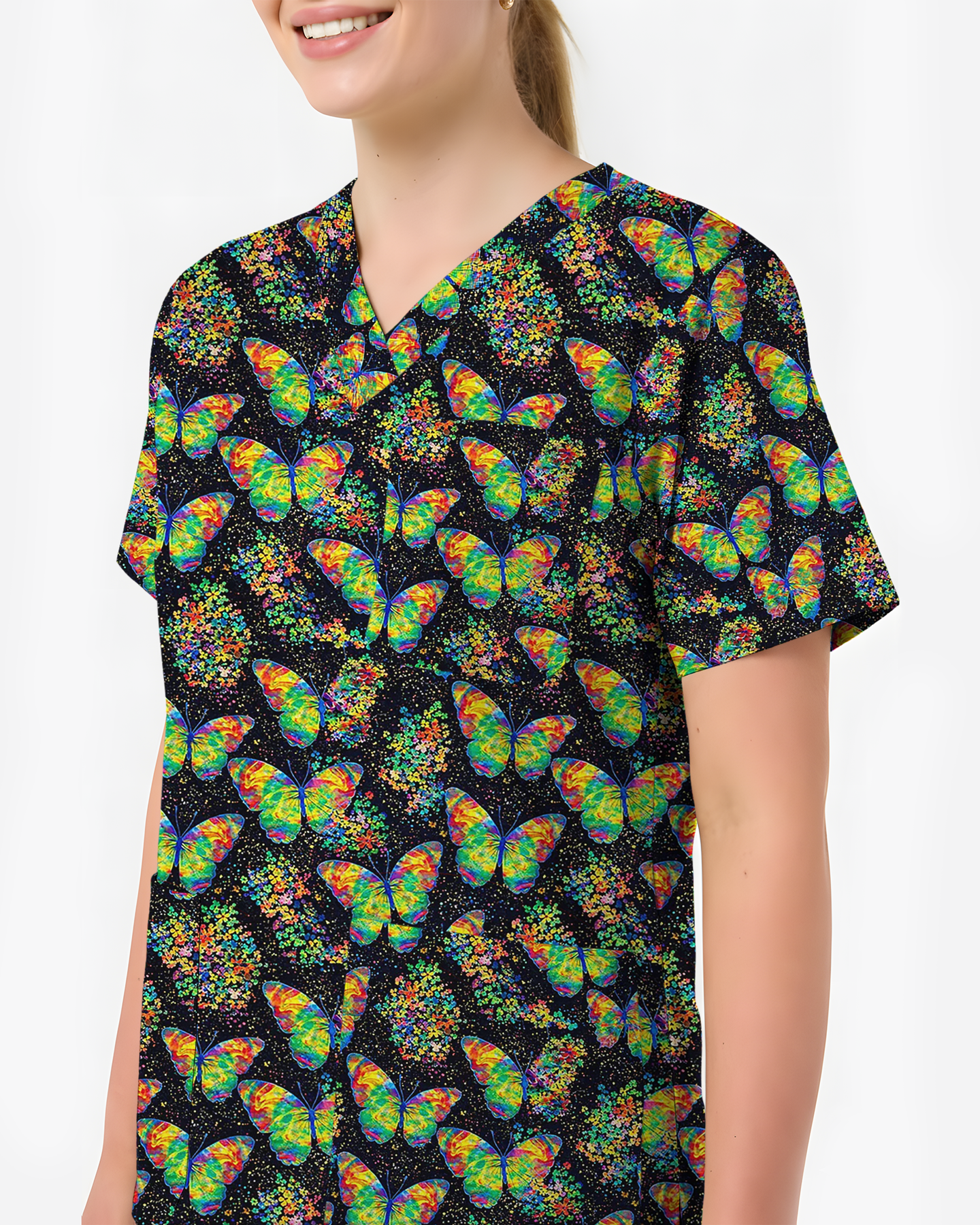 Neon Tie-Dye Butterfly Magic Nurse Scrub Top - Scrubloop