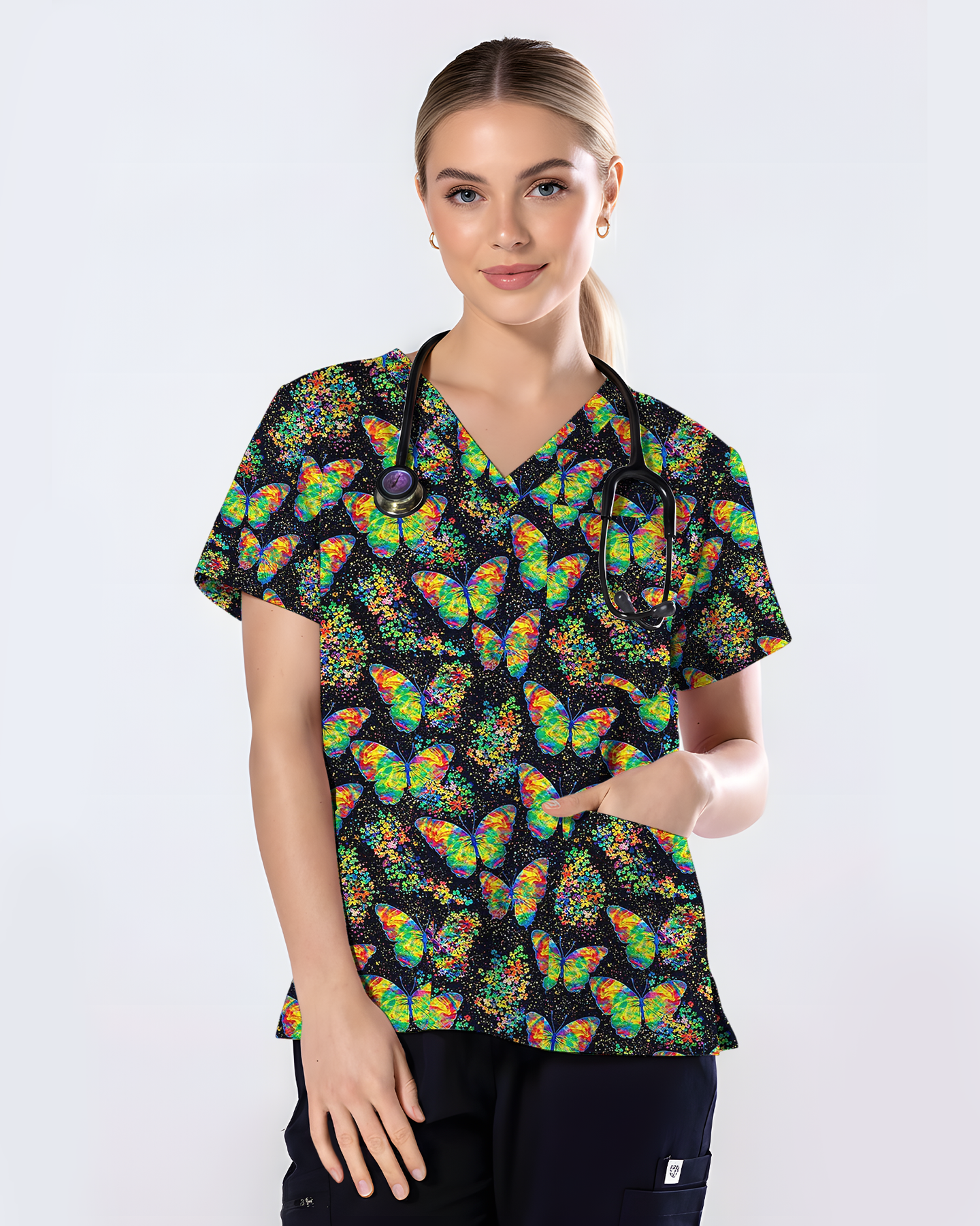 Neon Tie-Dye Butterfly Magic Nurse Scrub Top - Scrubloop