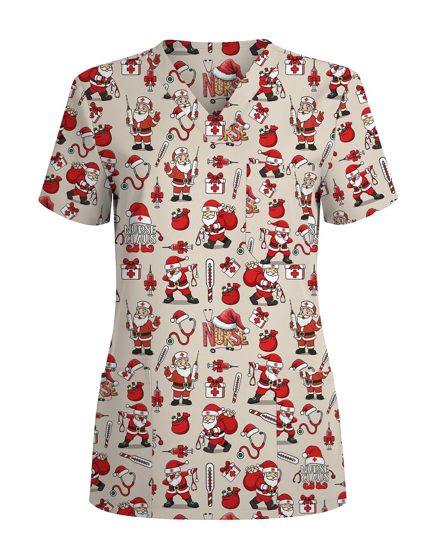 Nurse Claus Santa Holiday Cheer Women Scrub Top - Scrubloop