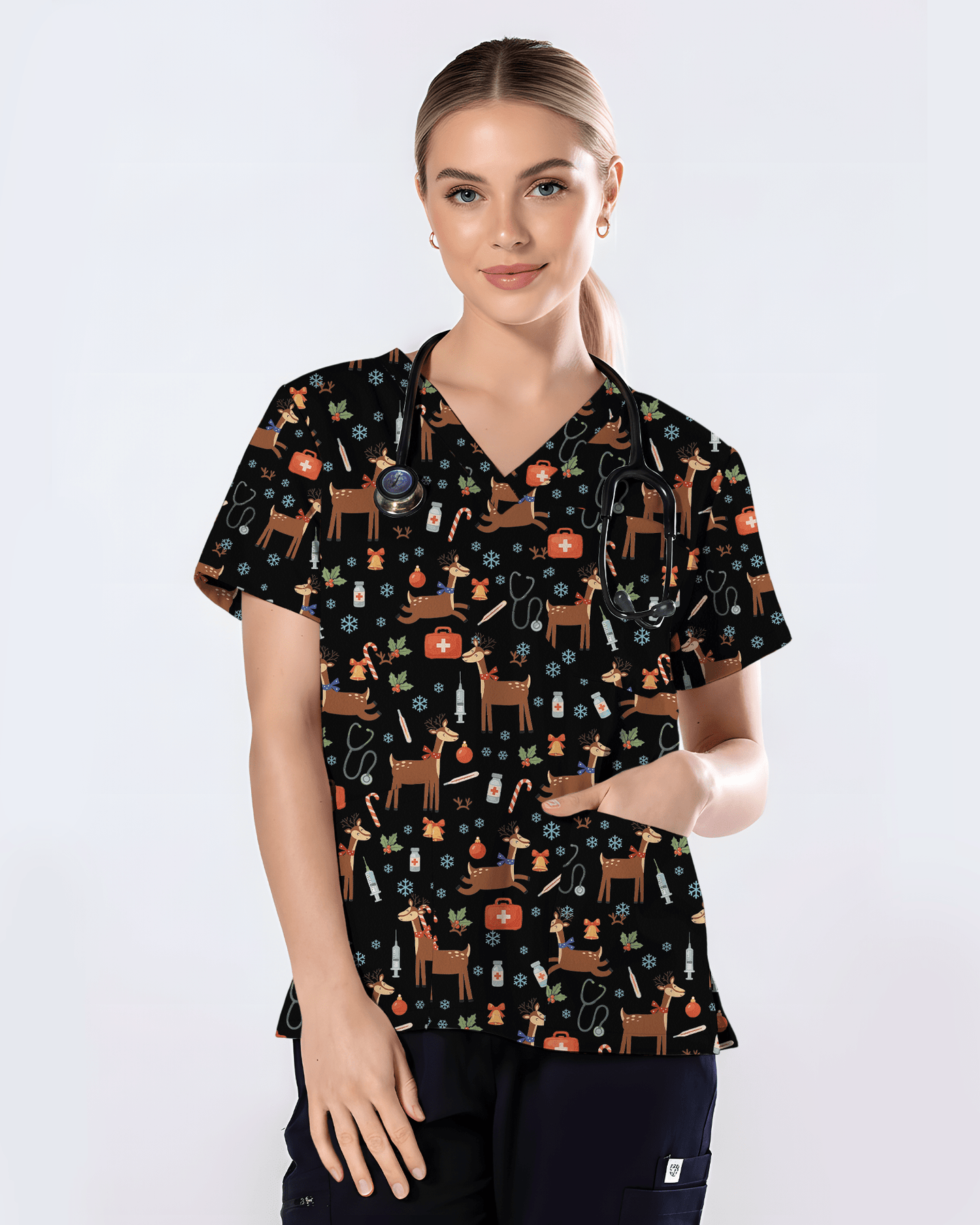Oh Deer Christmas Holiday Nursing Scrub Top - Scrubloop