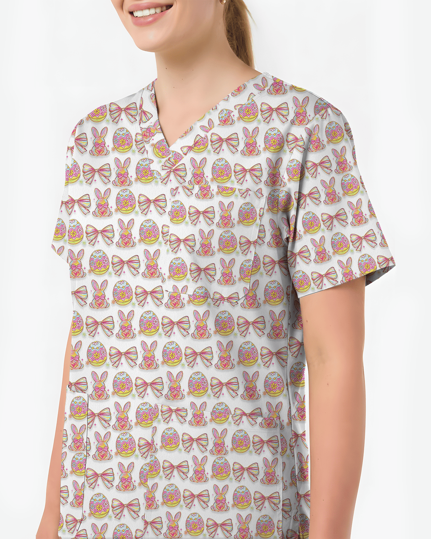 Pastel Easter Bunny & Bows Cute Nurse Scrub Top - Scrubloop