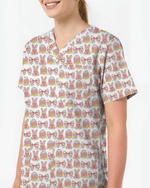 Pastel Easter Bunny & Bows Cute Nurse Scrub Top - Scrubloop
