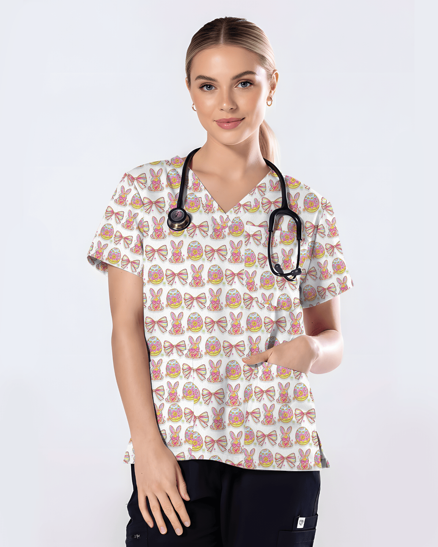 Pastel Easter Bunny & Bows Cute Nurse Scrub Top - Scrubloop