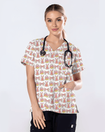 Pastel Easter Bunny & Bows Cute Nurse Scrub Top - Scrubloop