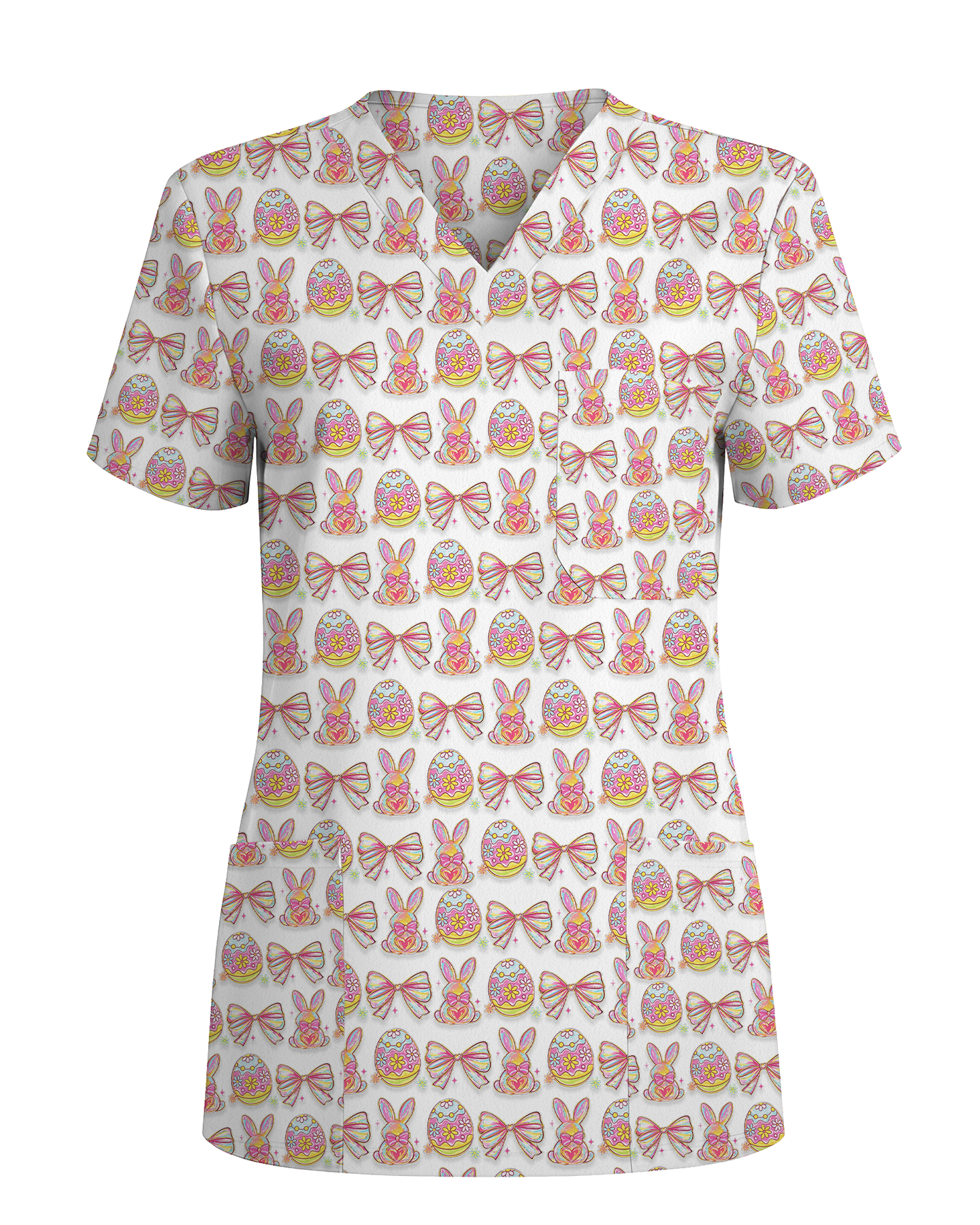 Pastel Easter Bunny & Bows Cute Nurse Scrub Top - Scrubloop