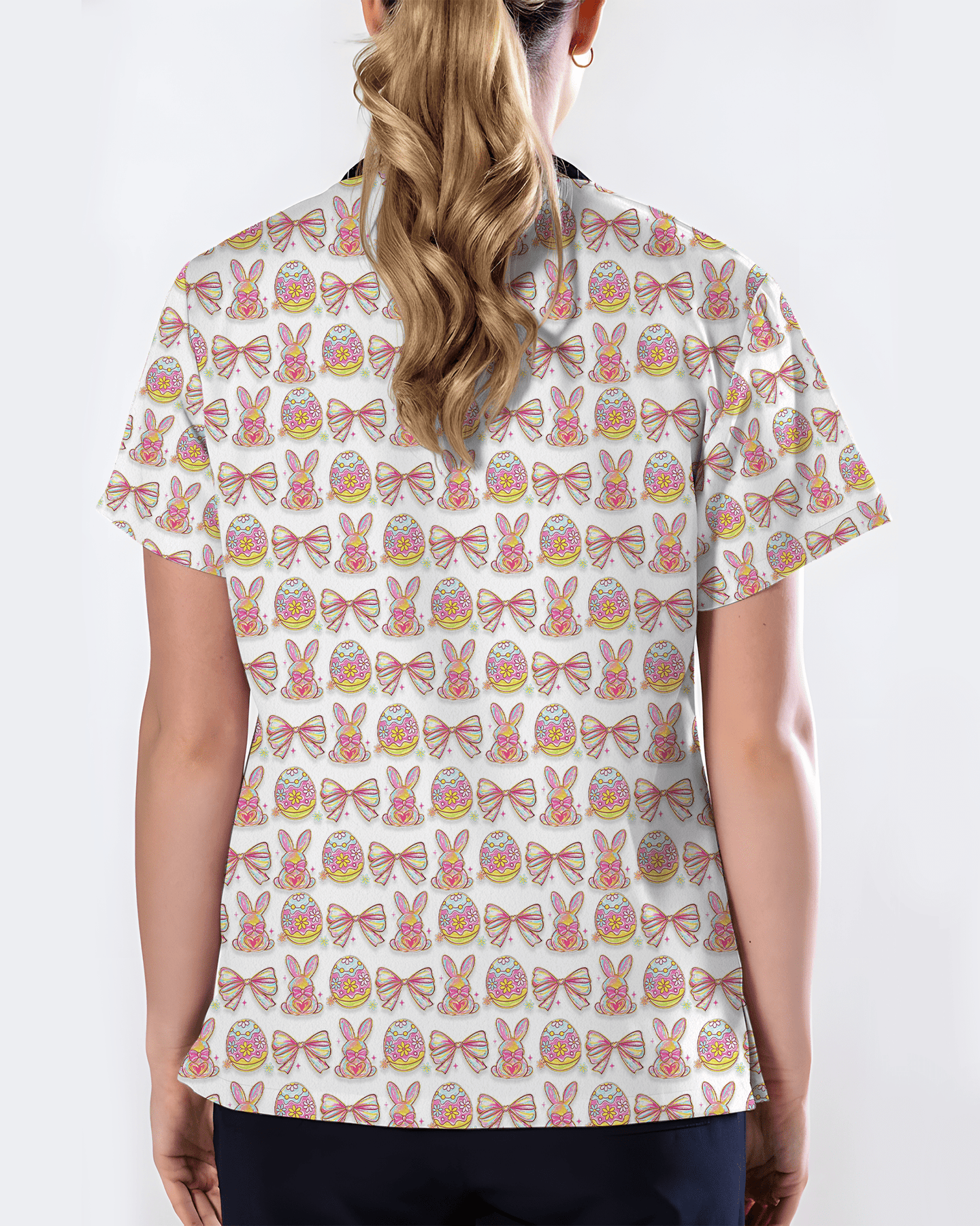 Pastel Easter Bunny & Bows Cute Nurse Scrub Top - Scrubloop