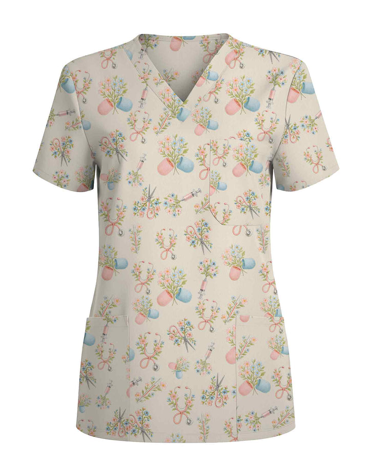 Pastel Floral Medical Stethoscope Scrub Top