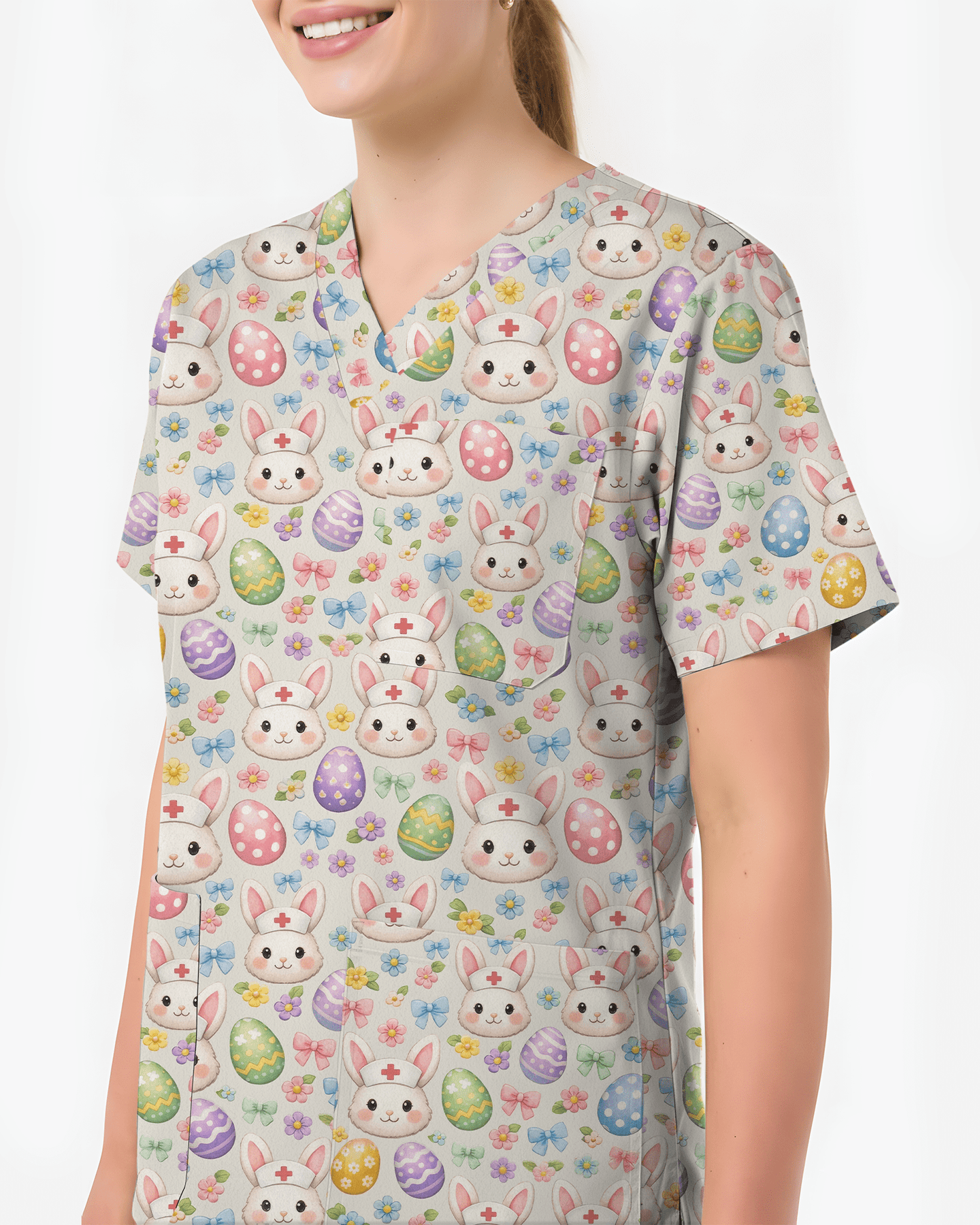 Pastel Medical Bunny Eggs Medical Scrub Top - Scrubloop
