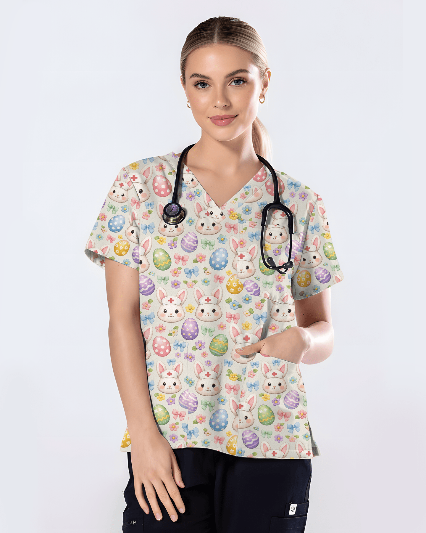 Pastel Medical Bunny Eggs Medical Scrub Top - Scrubloop