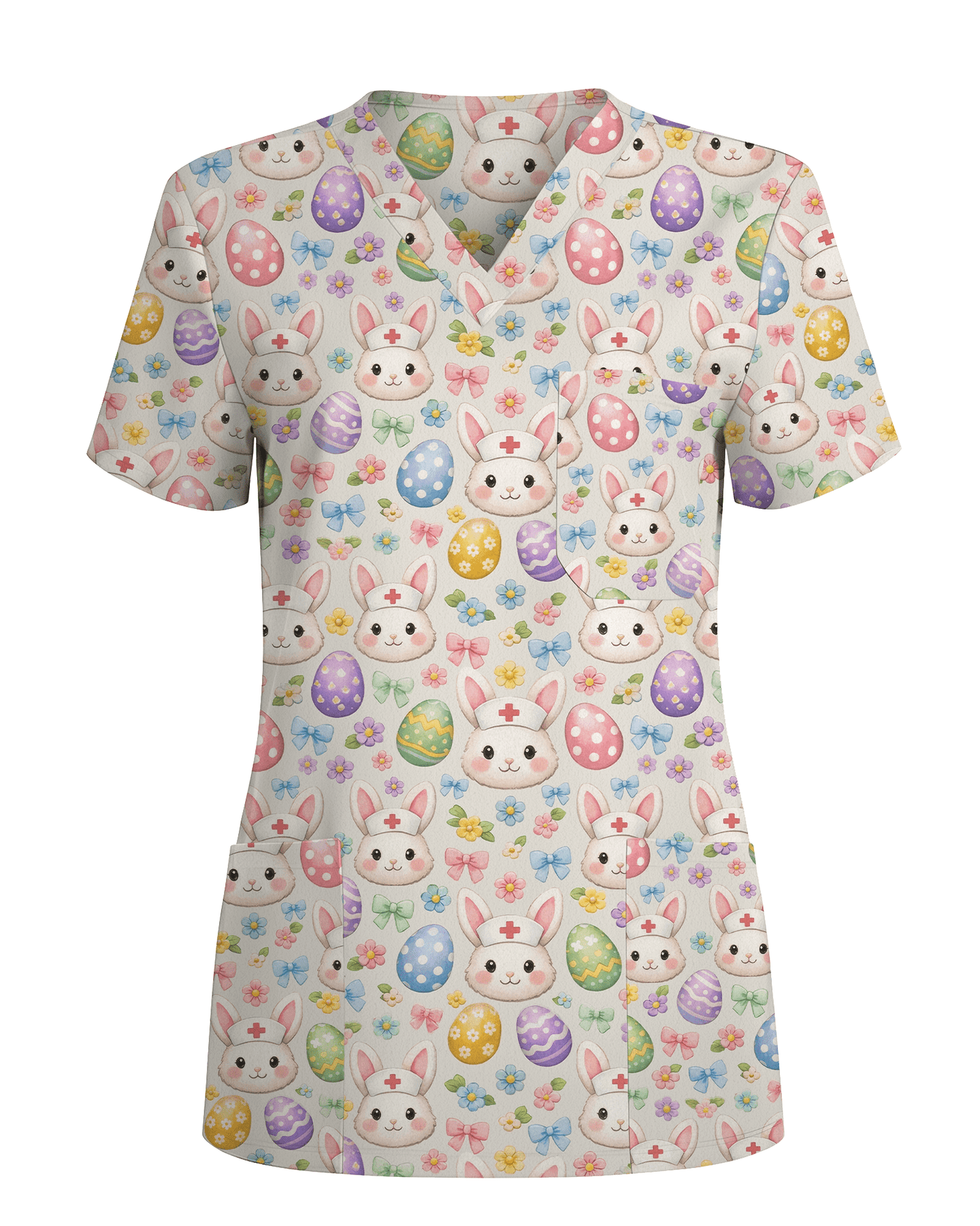 Pastel Medical Bunny Eggs Medical Scrub Top - Scrubloop