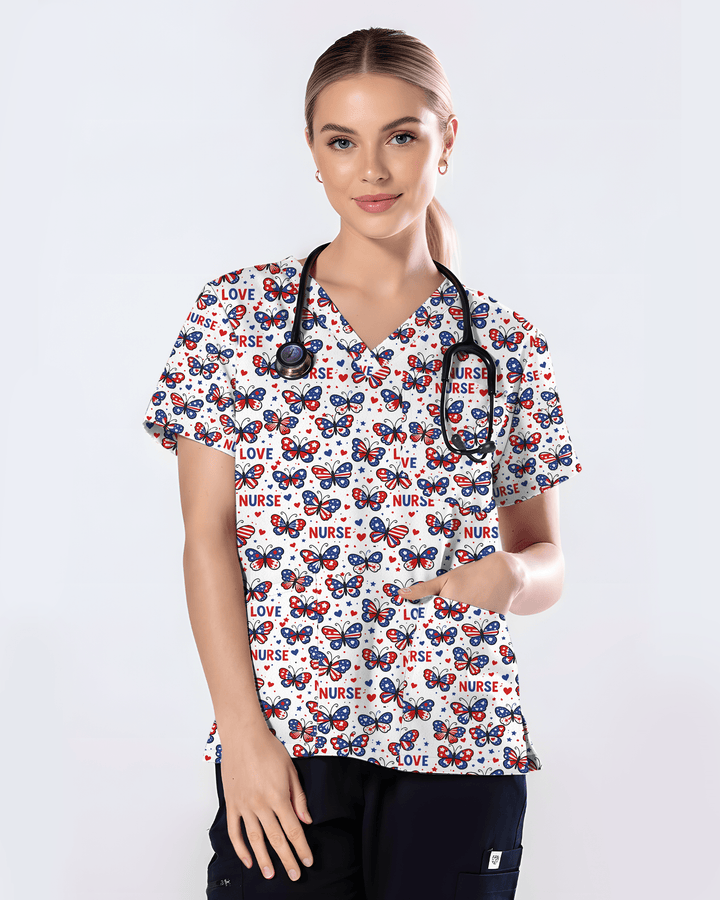 Patriotic American Butterfly Theme Women Scrub Top