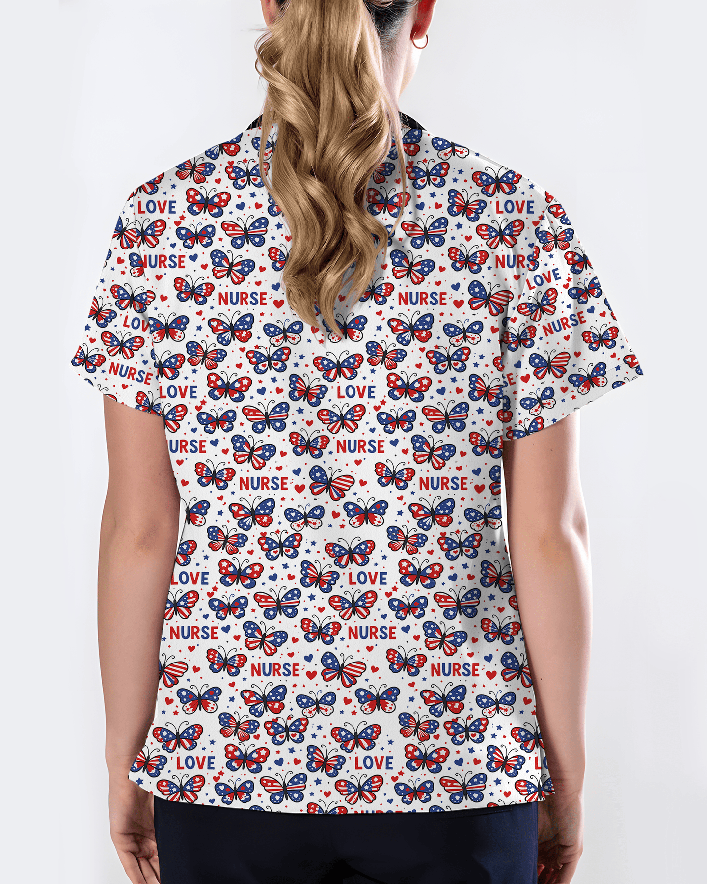 Patriotic American Butterfly Theme Women Scrub Top - Scrubloop