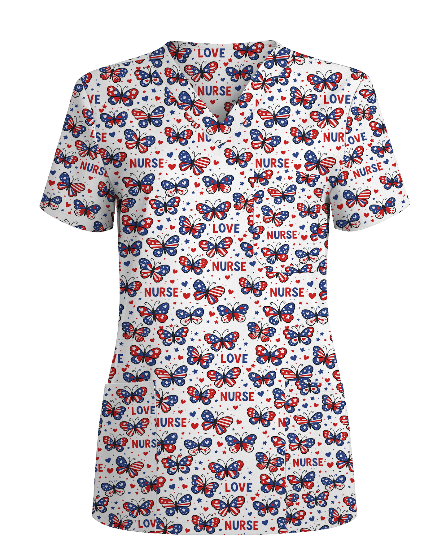 Patriotic American Butterfly Theme Women Scrub Top - Scrubloop