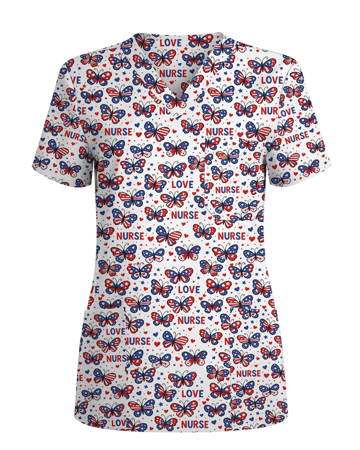 Patriotic American Butterfly Theme Women Scrub Top