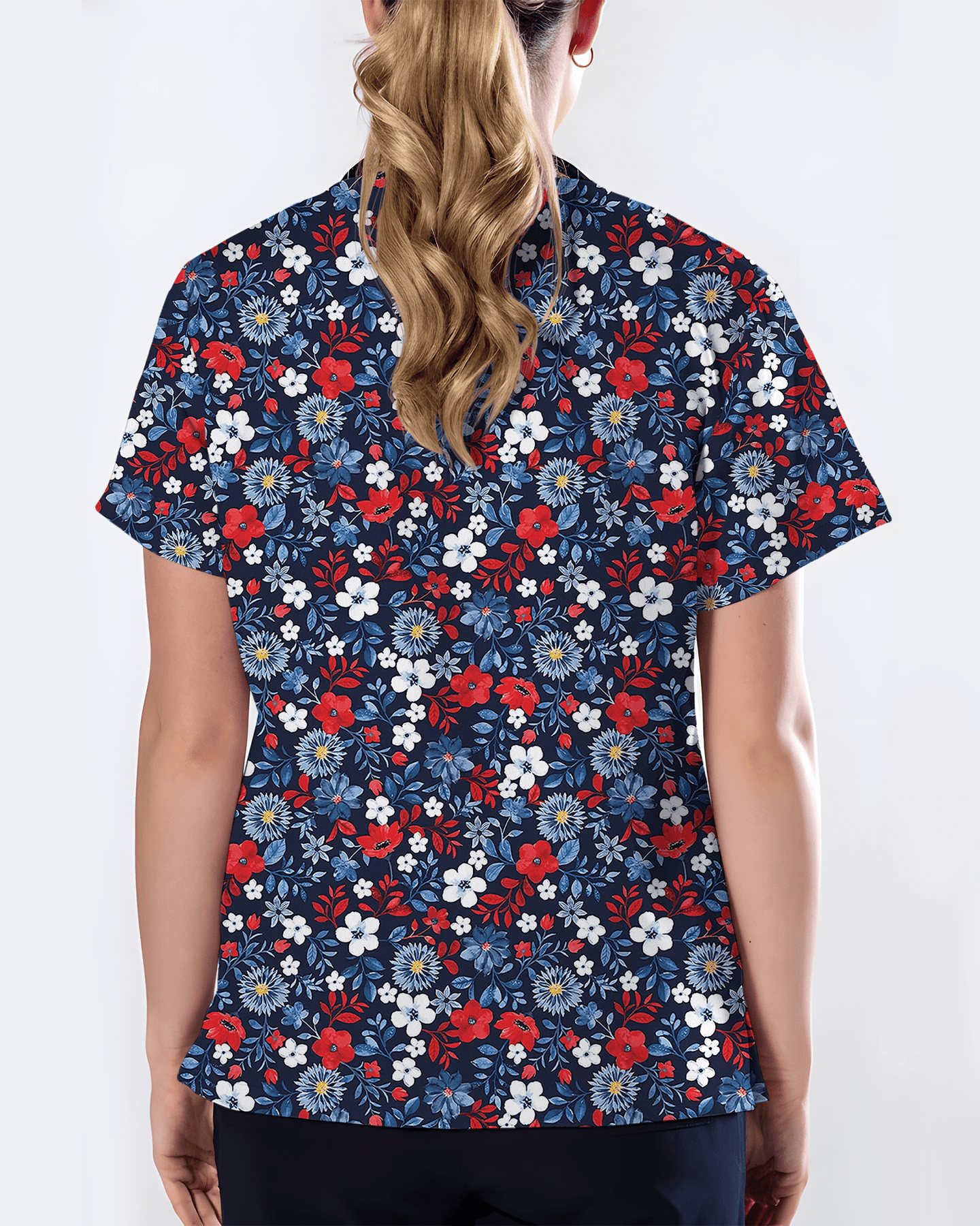Patriotic Navy Floral Nursing Scrub Top - Scrubloop