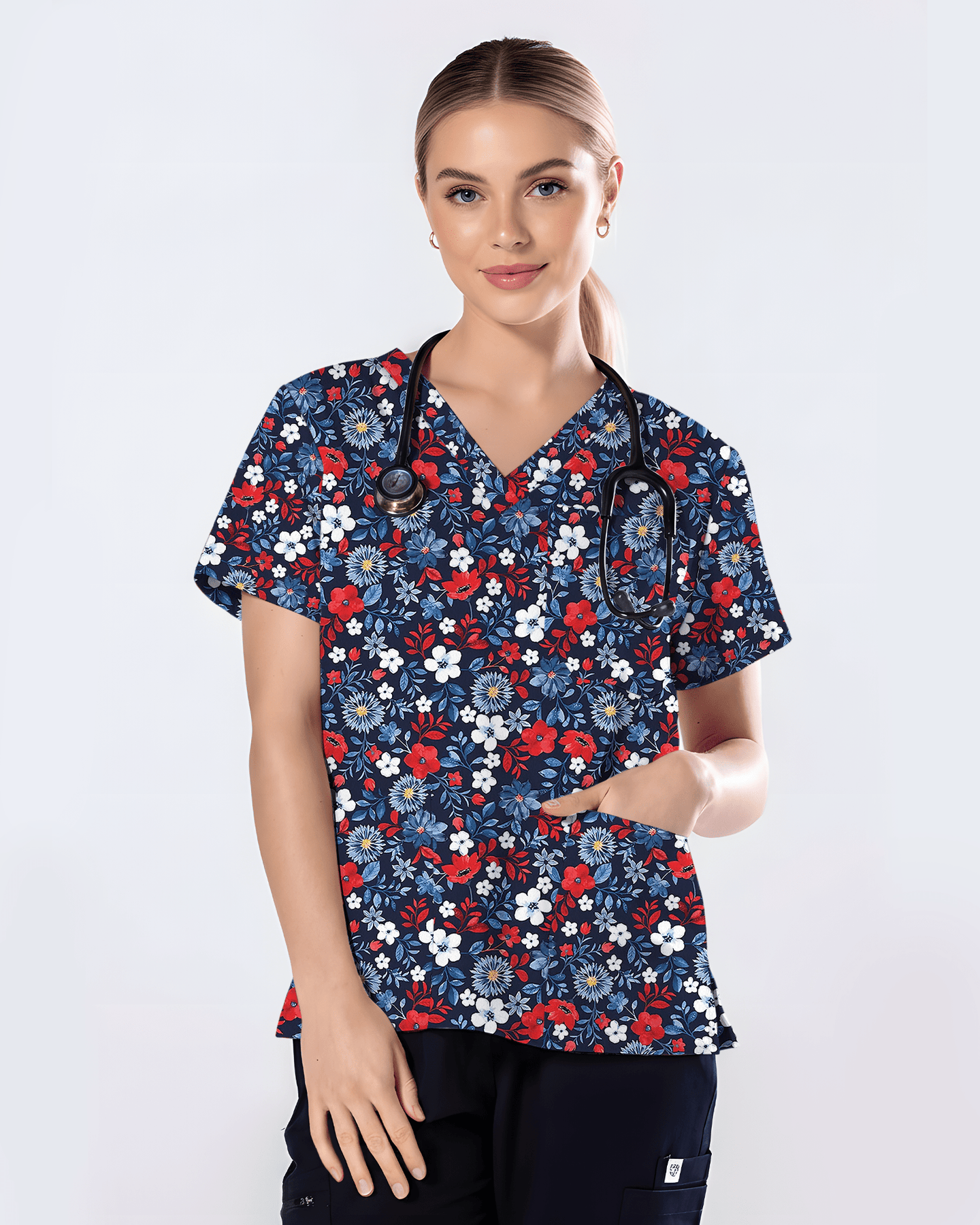 Patriotic Navy Floral Nursing Scrub Top - Scrubloop