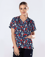 Patriotic Navy Floral Nursing Scrub Top - Scrubloop