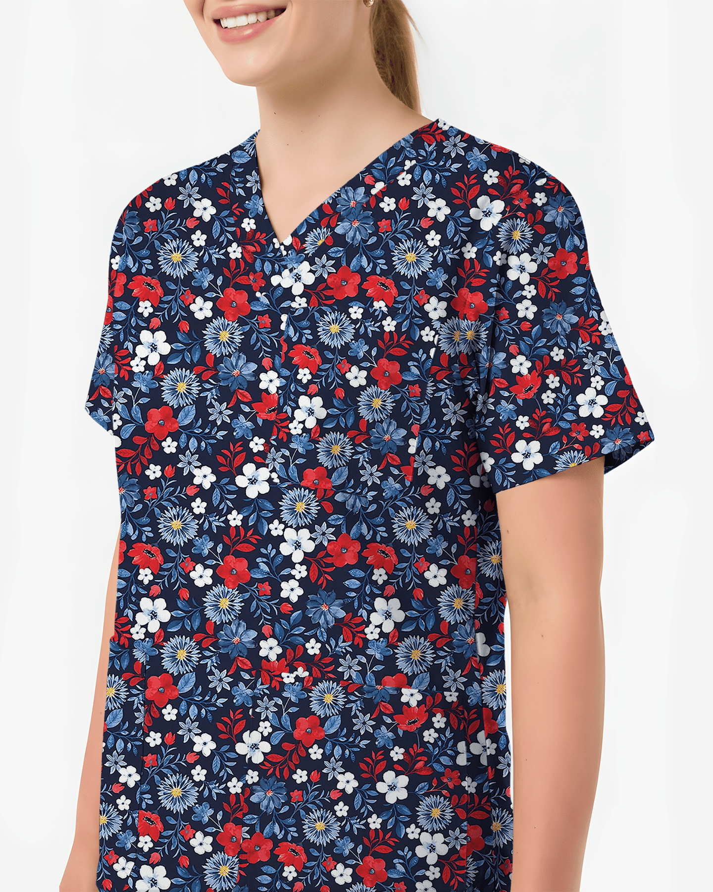 Patriotic Navy Floral Nursing Scrub Top - Scrubloop