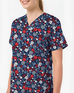 Patriotic Navy Floral Nursing Scrub Top - Scrubloop