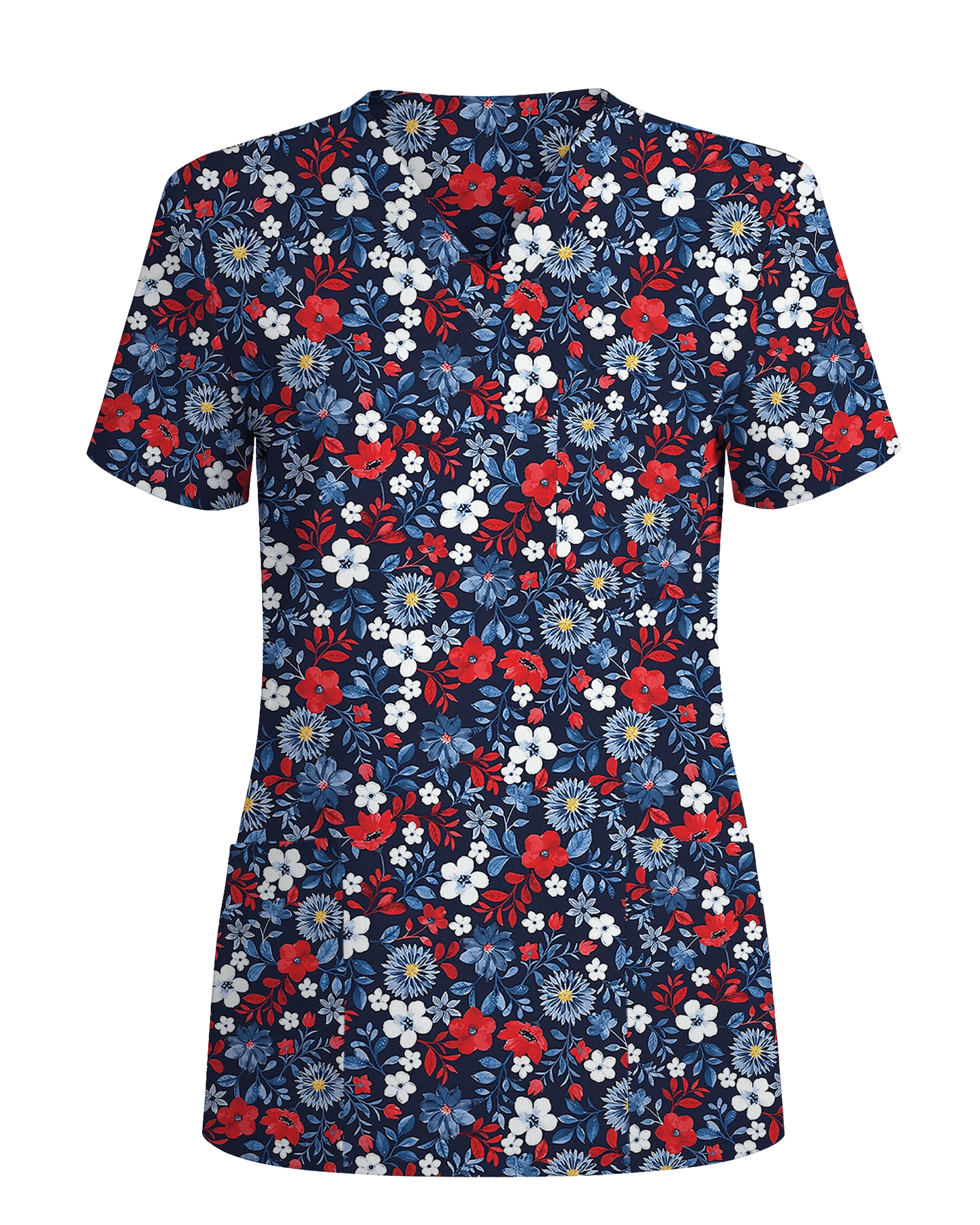 Patriotic Navy Floral Nursing Scrub Top - Scrubloop