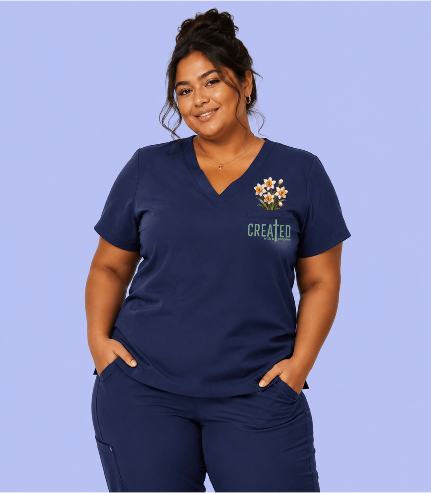 Personalized Birth Month Flower And Name Created With A Purpose Nurse Women's One-Pocket V-neck Scrub Top - Scrubloop
